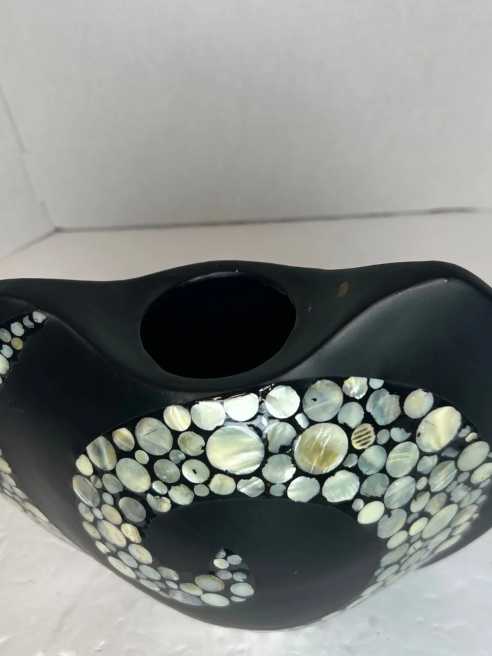 Black Ceramic Vase Vessel Intricate Mother of Pearl Inlay Swirl MCM Art Deco 8